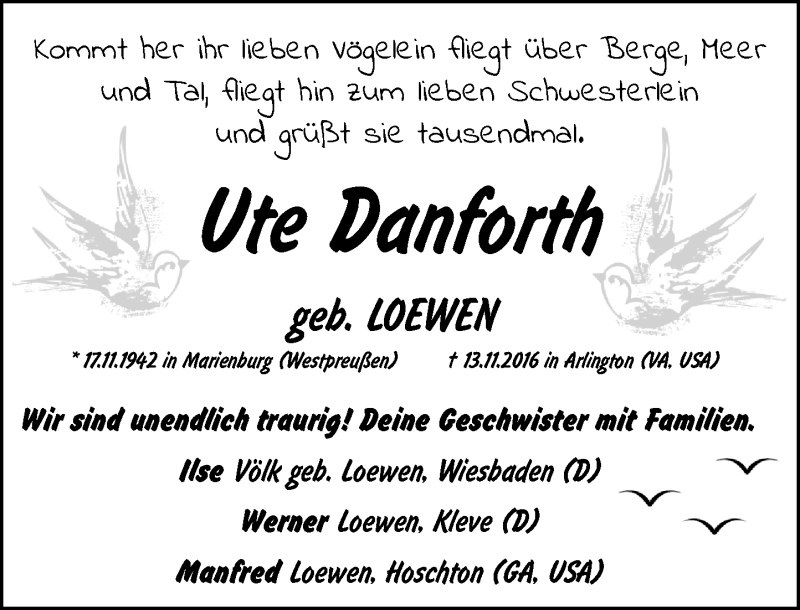  Traueranzeige für Ute Danforth vom 19.11.2016 aus Rheinische Post