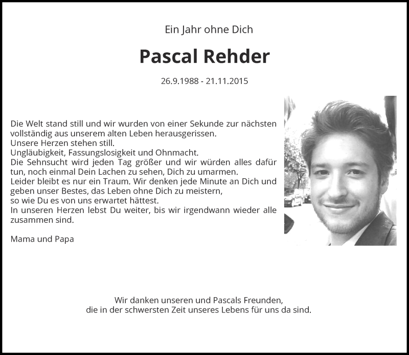  Traueranzeige für Pascal Rehder vom 19.11.2016 aus Rheinische Post