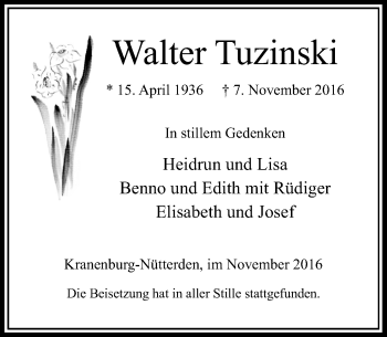 Traueranzeige von Walter Tuzinski von Rheinische Post