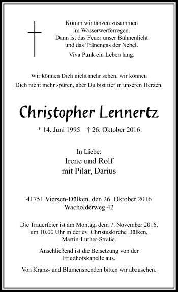 Traueranzeige von Christopher Lennertz von Rheinische Post
