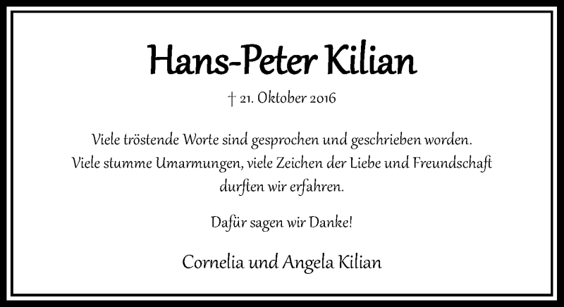  Traueranzeige für Hans-Peter Kilian vom 19.11.2016 aus Rheinische Post