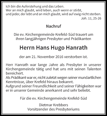 Traueranzeige von Hans Hugo Hanrath von Rheinische Post