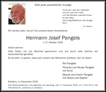 Traueranzeige von Hermann Josef Pangels von Rheinische Post