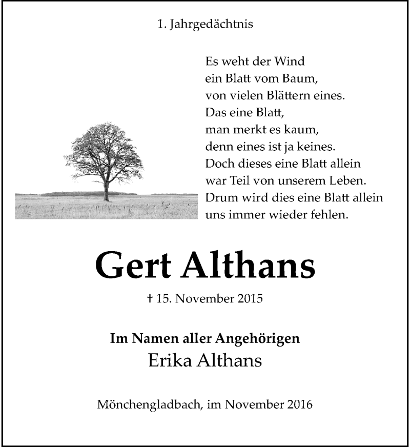  Traueranzeige für Gert Althans vom 19.11.2016 aus Rheinische Post