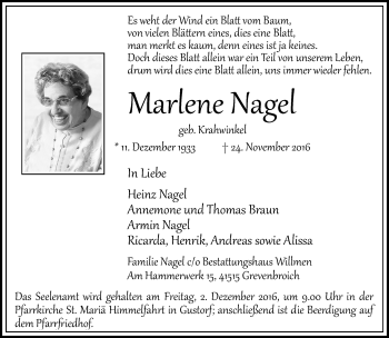 Traueranzeige von Marlene Nagel von Rheinische Post
