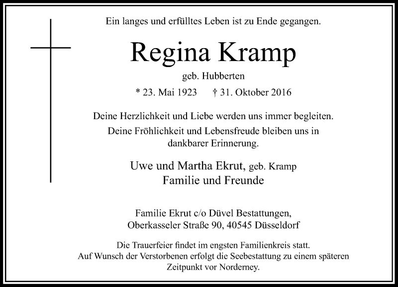  Traueranzeige für Regina Kramp vom 04.11.2016 aus Rheinische Post