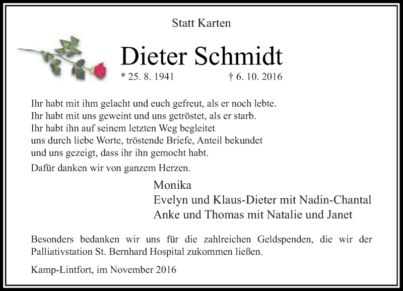  Traueranzeige für Dieter Schmidt vom 19.11.2016 aus Rheinische Post