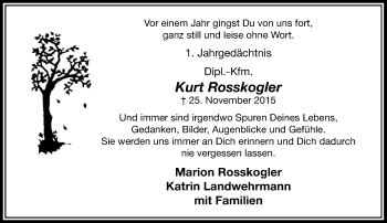 Traueranzeige von Kurt Rosskogler von Rheinische Post