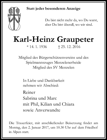 Traueranzeige von Karl-Heinz Graupeter von Rheinische Post