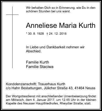 Traueranzeige von Anneliese Maria Kurth von Rheinische Post