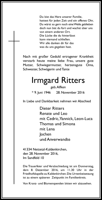 Traueranzeige von Irmgard Ritters von Rheinische Post
