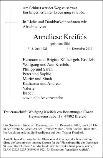 Traueranzeige von Anneliese Kreifels von Rheinische Post