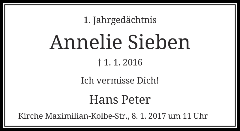  Traueranzeige für Annelie Sieben vom 06.01.2017 aus Rheinische Post
