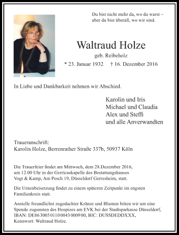 Traueranzeige von Waltraud Holze von Rheinische Post