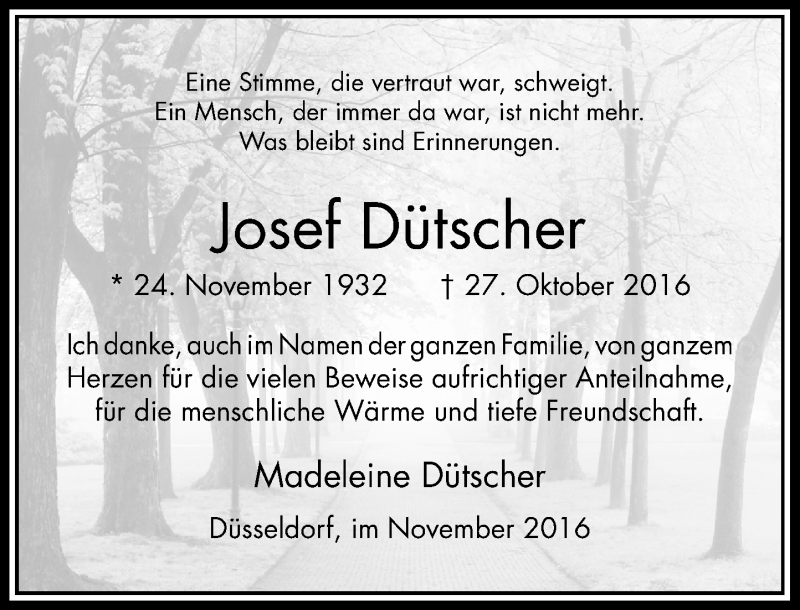 Traueranzeige für Josef Dütscher vom 03.12.2016 aus Rheinische Post