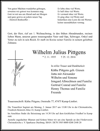 Traueranzeige von Wilhelm Julius Pittgens von Rheinische Post