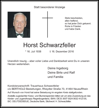 Traueranzeige von Horst Schwarzfeller von Rheinische Post