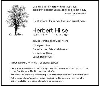 Traueranzeige von Herbert Hilse von Rheinische Post