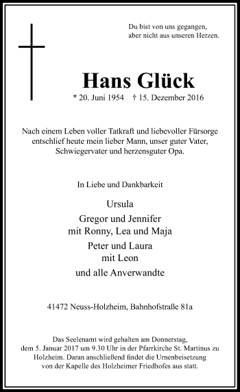 Traueranzeige von Hans Glück von Rheinische Post