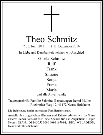 Traueranzeige von Theo Schmitz von Rheinische Post