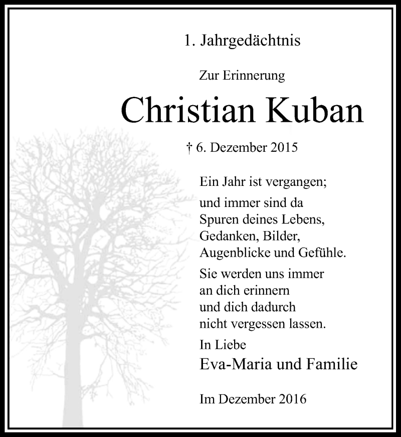  Traueranzeige für Christian Kuban vom 10.12.2016 aus Rheinische Post