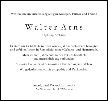 Traueranzeige von Walter Arns von Rheinische Post