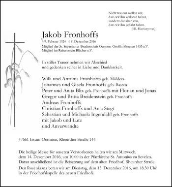 Traueranzeige von Jakob Fronhoffs von Rheinische Post