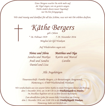 Traueranzeige von Käthe Bergers von Rheinische Post