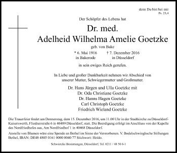Traueranzeige von Adelheid Wilhelma Amelie Goetzke von Rheinische Post