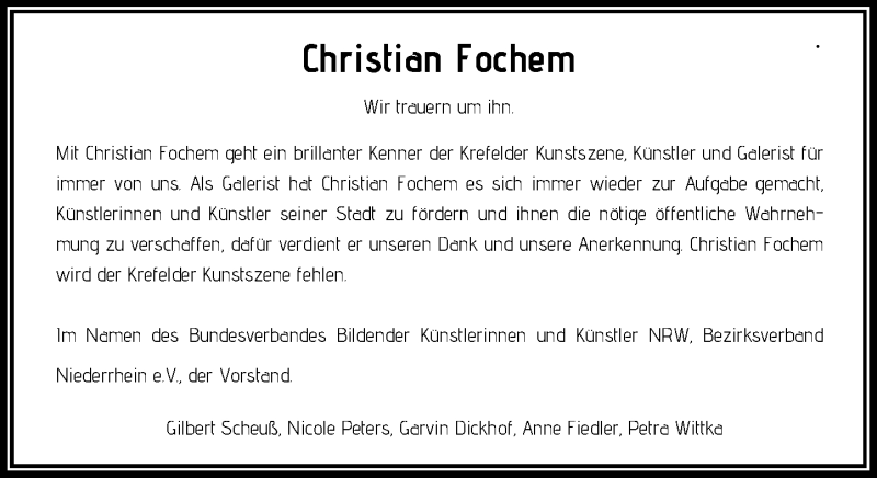  Traueranzeige für Christian Fochem vom 17.12.2016 aus Rheinische Post
