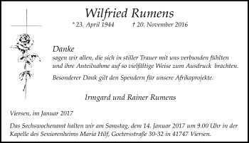 Traueranzeige von Wilfried Rumens von Rheinische Post