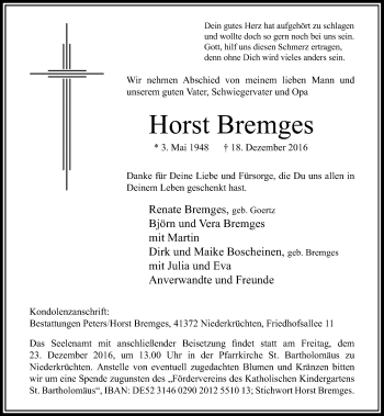 Traueranzeige von Horst Bremges von Rheinische Post