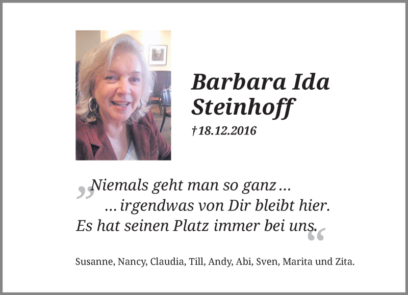  Traueranzeige für Barbara Ida Steinhoff vom 24.12.2016 aus Rheinische Post