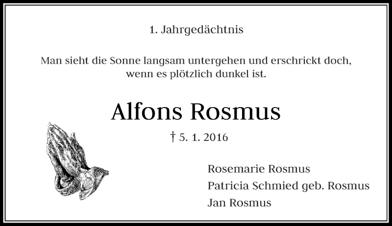  Traueranzeige für Alfons Rosmus vom 05.01.2017 aus Rheinische Post