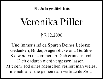 Traueranzeige von Veronika Piller von Rheinische Post