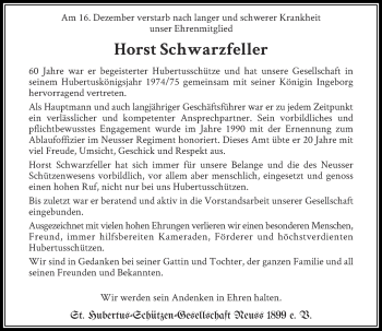 Traueranzeige von Horst Schwarzfeller von Rheinische Post