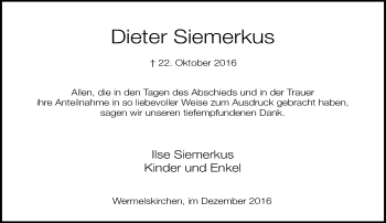 Traueranzeige von Dieter Siemerkus von Rheinische Post