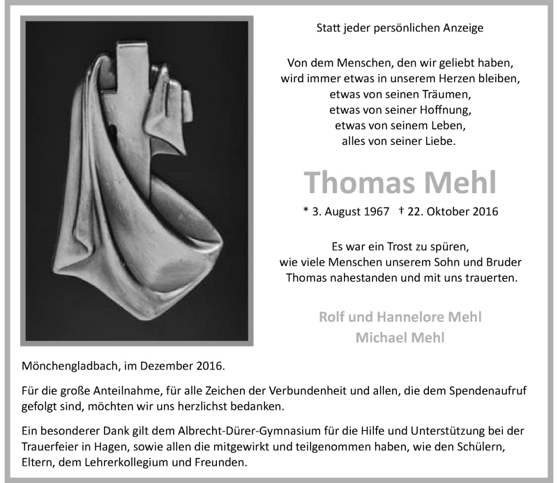  Traueranzeige für Thomas Mehl vom 17.12.2016 aus Rheinische Post