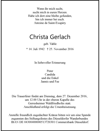 Traueranzeige von Christa Gerlach von Rheinische Post