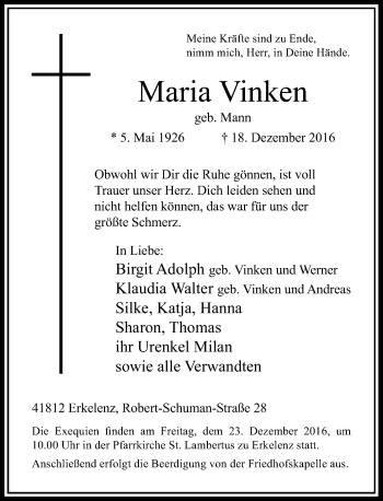 Traueranzeige von Maria Vinken von Rheinische Post