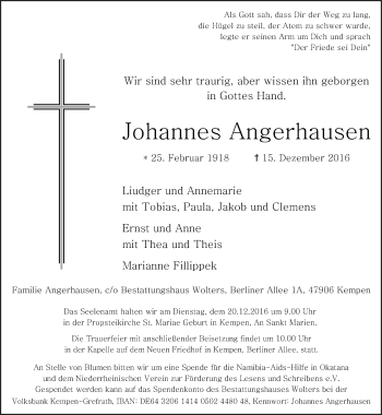 Traueranzeige von Johannes Angerhausen von Rheinische Post