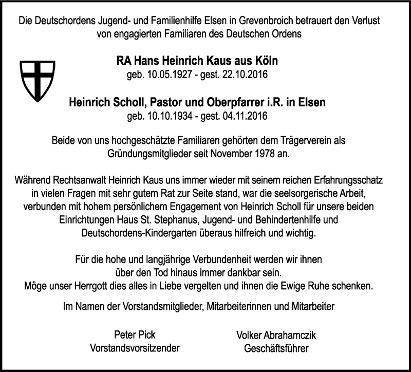  Traueranzeige für Im Gedenken Kaus, Scholl vom 03.12.2016 aus Rheinische Post