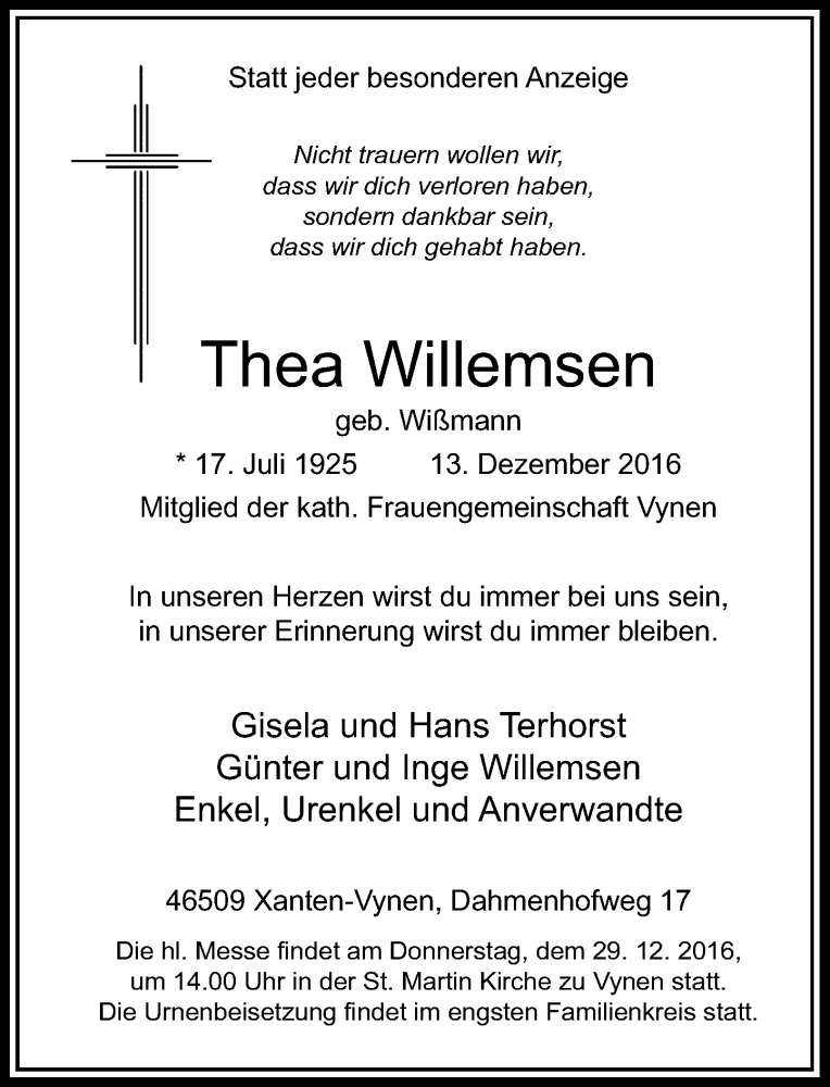  Traueranzeige für Thea Willemsen vom 27.12.2016 aus Rheinische Post