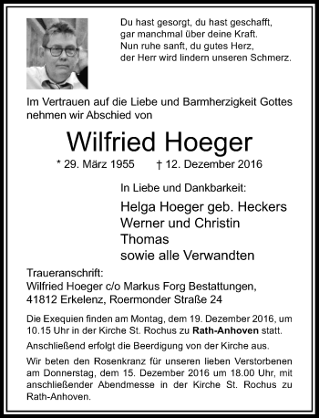 Traueranzeige von Wilfried Hoeger von Rheinische Post