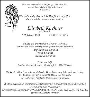 Traueranzeige von Elisabeth Kirchner von Rheinische Post