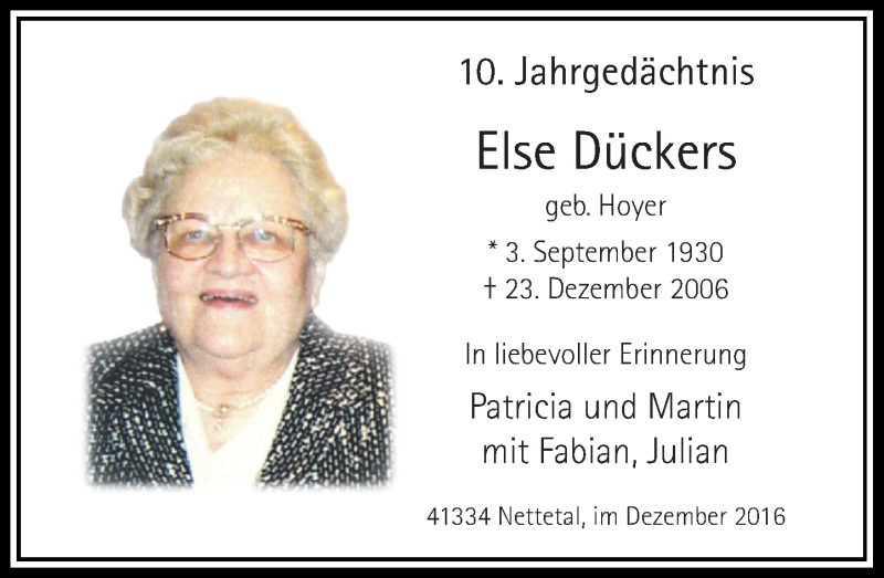  Traueranzeige für Else Dückers vom 24.12.2016 aus Rheinische Post