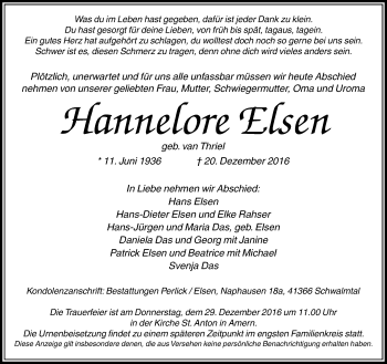 Traueranzeige von Hannelore Elsen von Rheinische Post