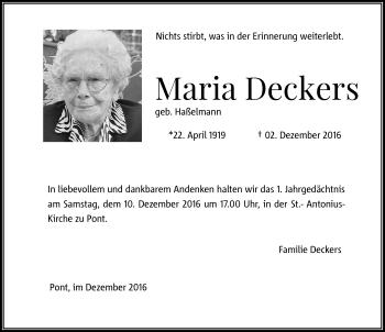 Traueranzeige von Maria Deckers von Rheinische Post