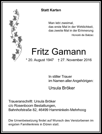 Traueranzeige von Fritz Gamann von Rheinische Post