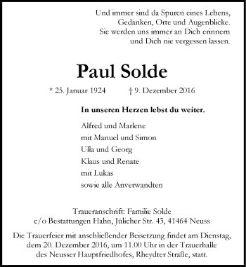 Traueranzeige von Paul Solde von Rheinische Post